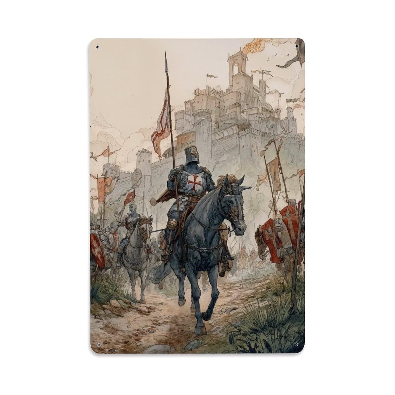 Crusader Of Templar Knight Medieval Sacred Spiritual Symbol Metal Tin Sign Plaque Wall Decor for Cafe, Man Cave, Club Bar, Office, Home Garden Round Metal Poster 8x12Inch
