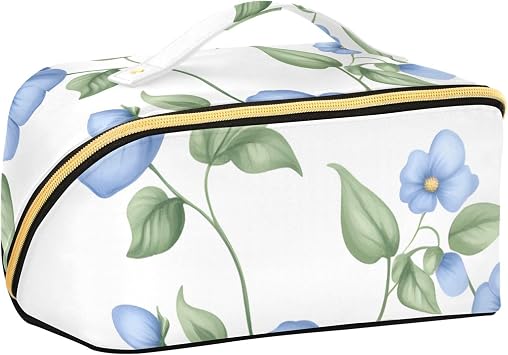 Small Blue Flowers Lay Flat Travel Makeup Bag Large Capacity Cosmetic Organizer Toiletry Bag for WomanWide Open Portable Pouch with Divider and Handle