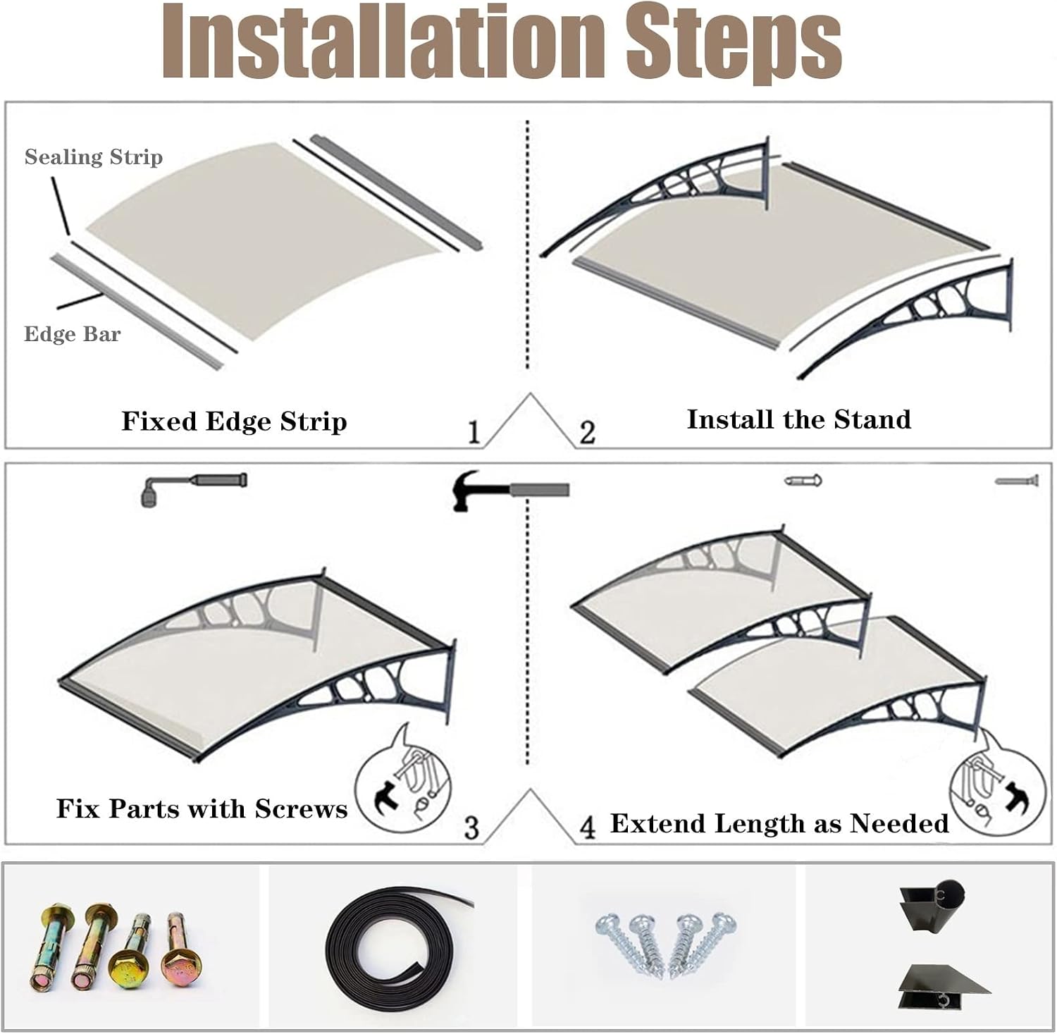 Front Door Canopy Outdoor Patio Porch Roof Awning Weather Protection Silent Rain Shelter Cover Aluminium and Polycarbonate Pent Canopy Plastic Cover (Size : 150x120cm/59.06x47.24in)