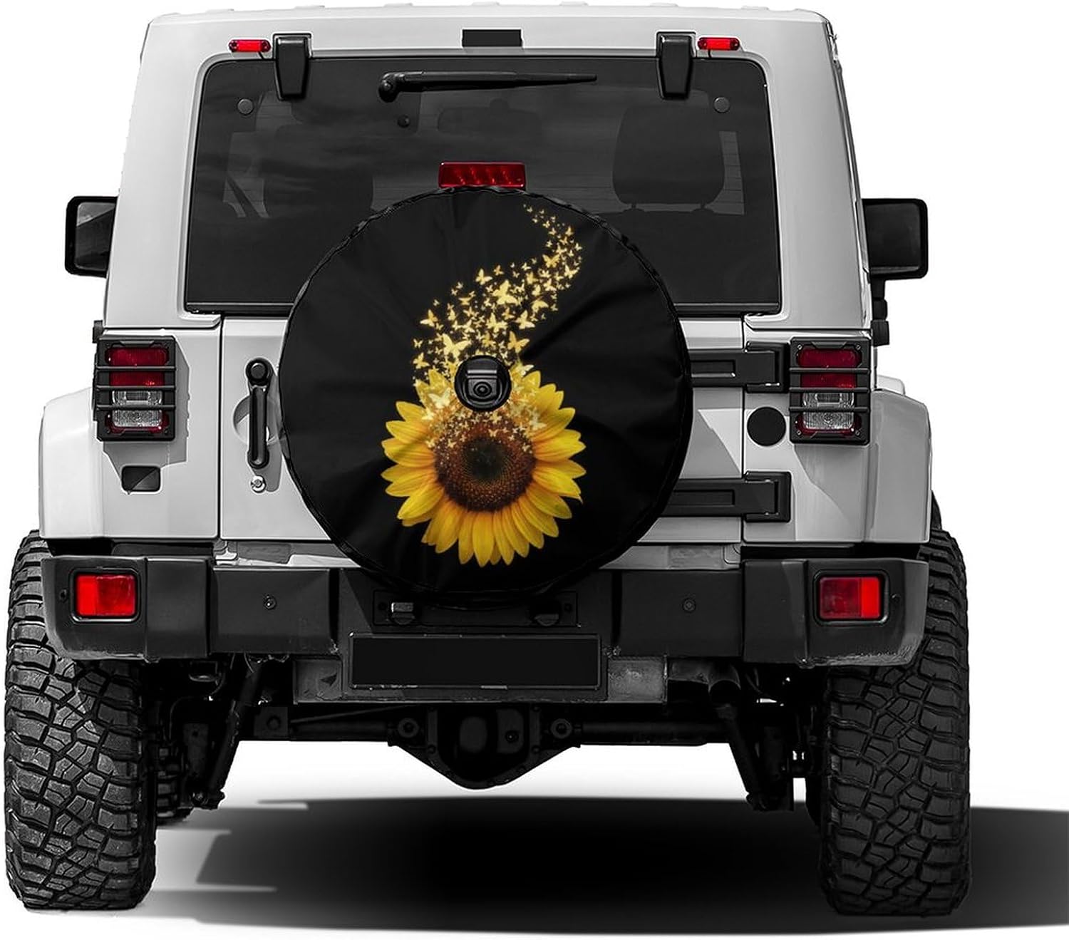 Bright Yellow Sunflower Butterfly Spare Tire Cover with Backup Camera Hole Waterproof Dust-Proof UV Sun Wheel Covers for RV Trailer RV SUV Truck and Many Vehicle 17 Inch
