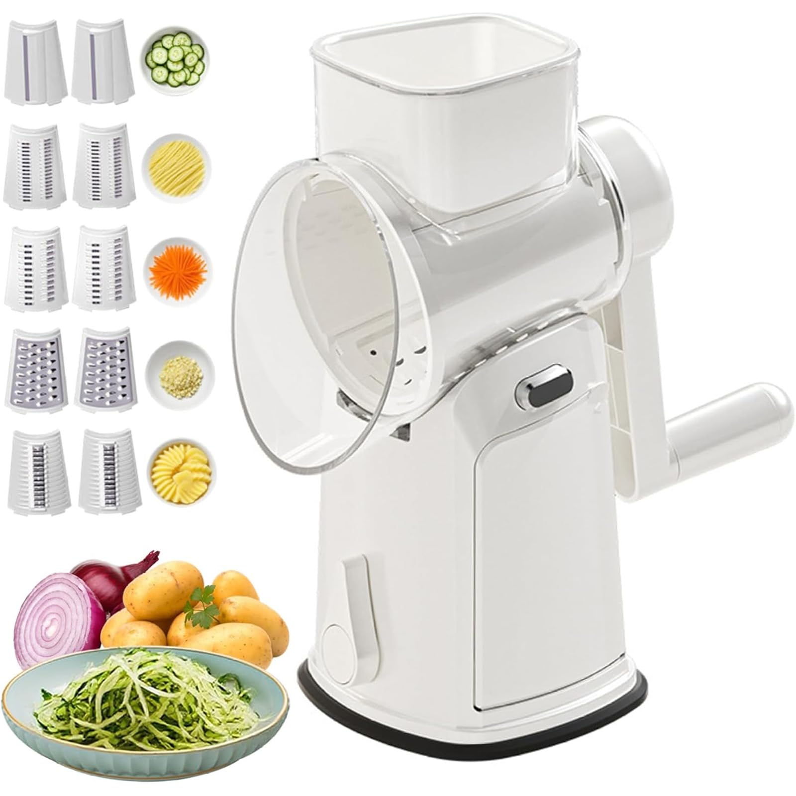 Rallador de queso giratorio con cuchillas intercambiables y protector contra salpicaduras, base de succión fuerte para un fácil uso y limpieza en la cocina
