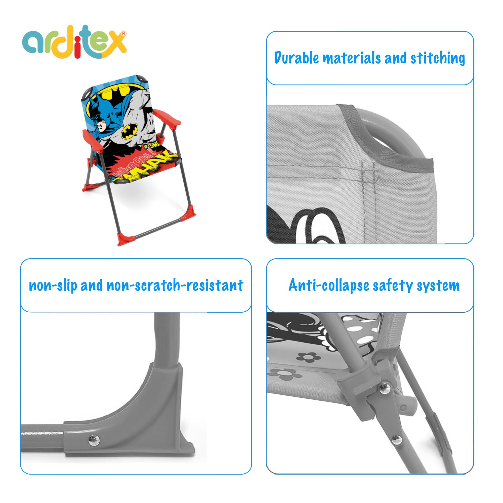 ARDITEX Krzesło składane z ramionami Batmana firmy DC Comics - 38 x 32 x 53 cm - Nadaje się do ogrodu, na kemping, plażę lub w górach - idealne dla chłopców i dziewcząt.