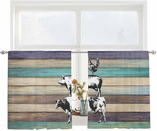 Farmhouse Animals Sheer Curtains 54Inch Length, Vintage Wood Country Cow Pig Chicken Rod Pocket Window Treatments for Living Room Bedroom, Light Filtering Privacy Chiffon 2 Panels Drapes, 52"WX54"L