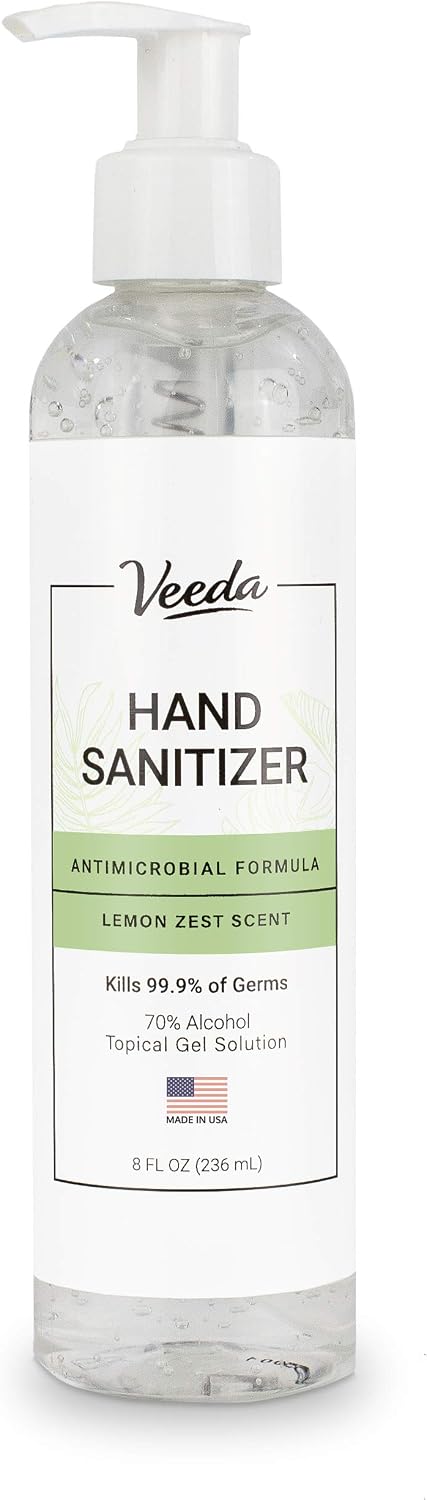 Veeda Scented Hand Sanitizer with Lemon Zest Scent - Moisturizing Clear Gel with Vitamin E & Antimicrobial Formula- Contains 70% Ethyl Alcohol - Hand Sanitizer Travel Size, Made in USA - 8 fl. oz.