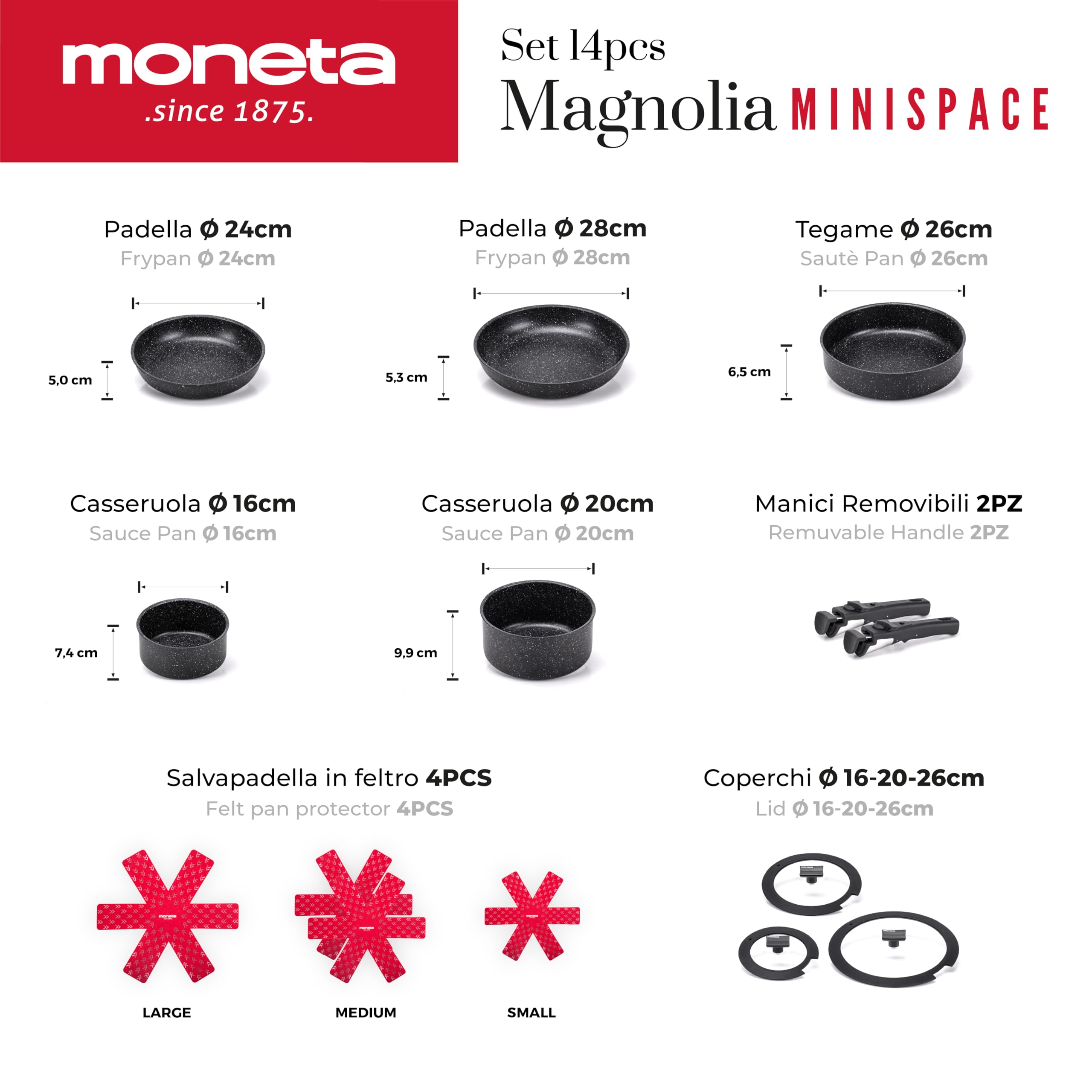 Moneta Magnolia Minispace Set Pentole Induzione 8 Pezzi con Manici Removibili, Padelle Antiaderenti 24 28 cm Skillet 26 cm Casseruole 16 20 cm Coperchi Vetro e Protezioni in Feltro