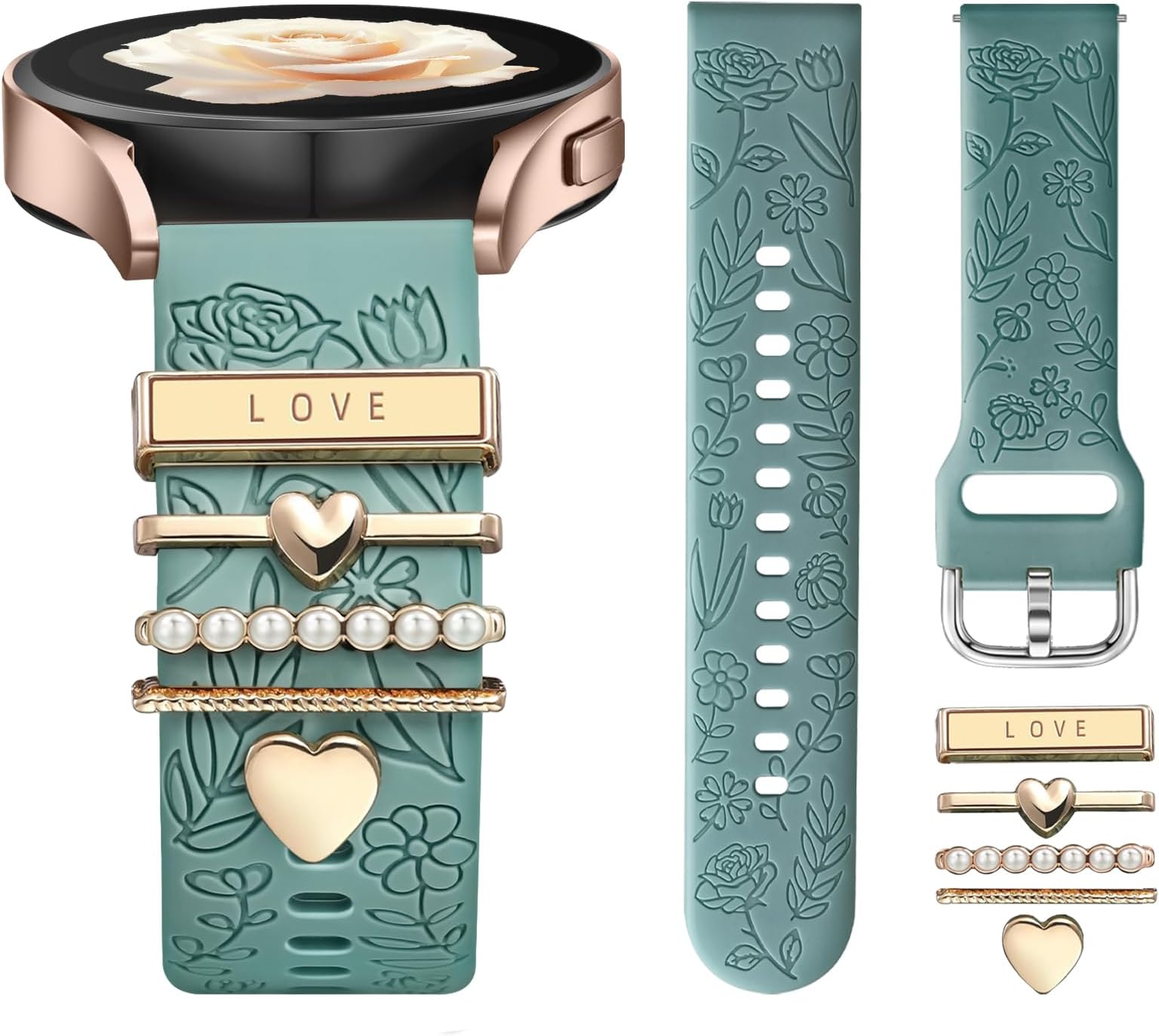 DaQin Flower Engraved Band Compatible with Samsung Galaxy Watch 7 Band/FE 6 5 4 40mm 44mm,Galaxy Active 2, 20mm Watch Band Soft Silicone Replacement Strap with Decorative Charms Accessories Women