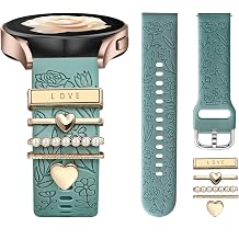 DaQin Soft Silicone Strap with Decorative Charms for Women, Engraved Floral Pattern Replacement Strap Compatible with Samsung Galaxy Watch 7/FE 6 5 4 40mm/44mm, Galaxy Active 2