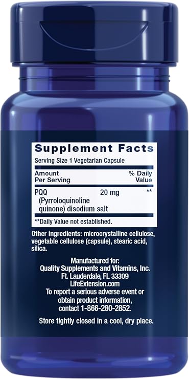 Life Extension PQQ, pyrroloquinoline Quinone, 20 mg, Promotes The Growth of New Mitochondria, Gluten-Free, Non-GMO, Vegetarian, 1 Daily, 30 Capsules
