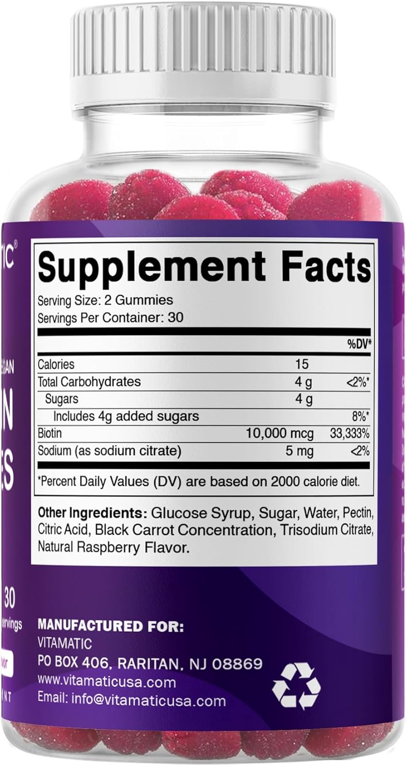Vitamatic Biotin Gummies 10,000 mcg for Stronger Hair, Skin & Nails - 60 Vegan Gummies - Also Called Vitamin B7 (6 Bottles) - Image 8