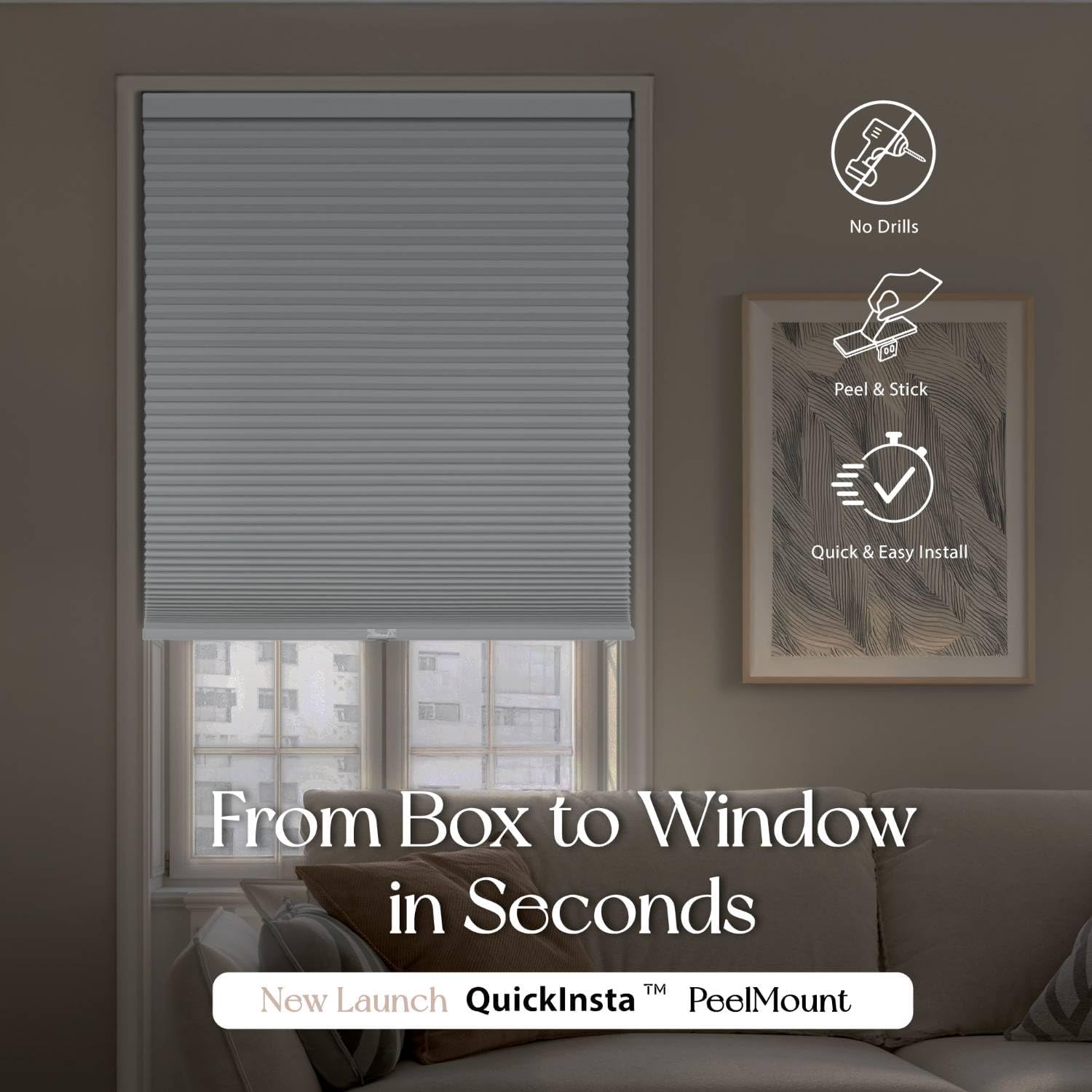 REGAL estate QuickInsta PeelMount No Drill No Tools Cordless 1.5" Blackout Cellular Shades, 24.5" W x 48" H,Light Gray