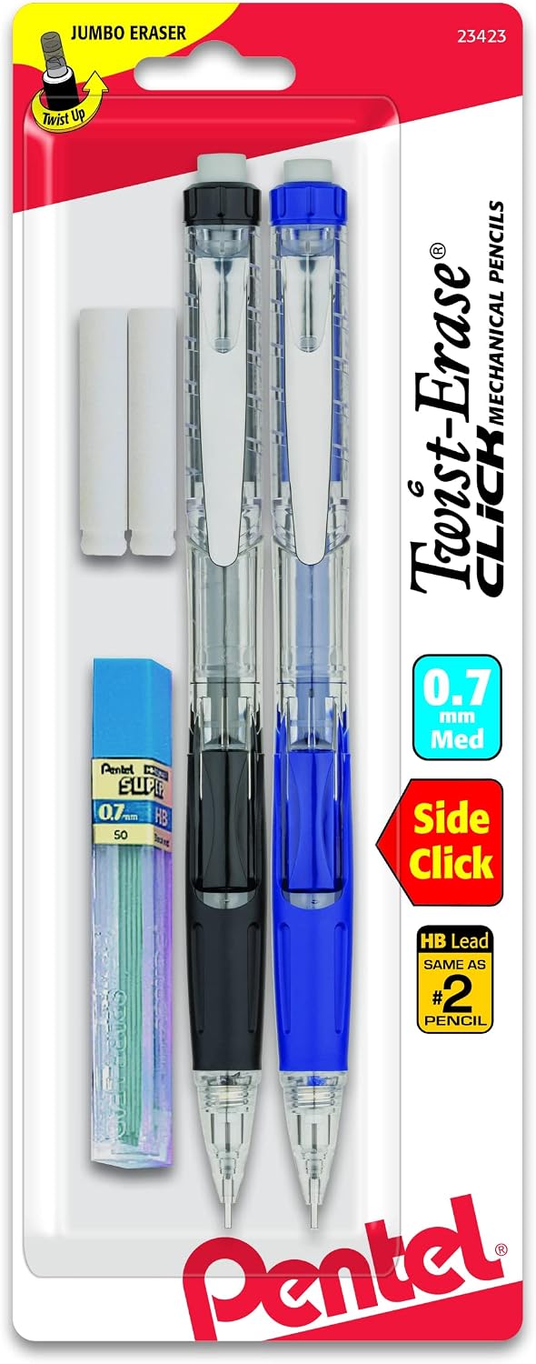 Pentel Twist Erase Click Automatic Pencil with 2 Eraser Refills and Lead, 0.7mm, Assorted Barrels, Color May Vary, 2 Pack (PD277TLEBP2)