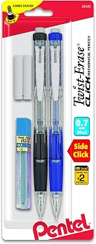 Pentel Twist Erase Click Automatic Pencil with 2 Eraser Refills and Lead, 0.7mm, Assorted Barrels, Color May Vary, 2 Pack (PD277TLEBP2)