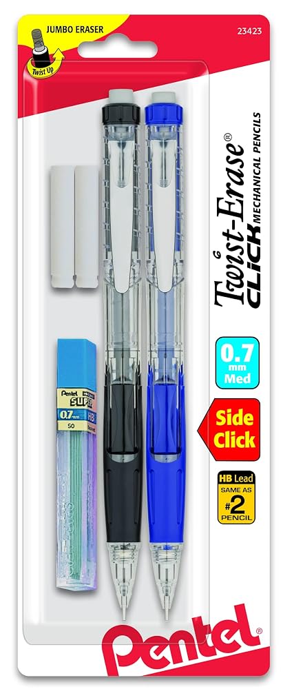 Pentel Twist Erase Click Automatic Pencil with 2 Eraser Refills and Lead, 0.7mm, Assorted Barrels, Color May Vary, 2 Pack (PD277TLEBP2)