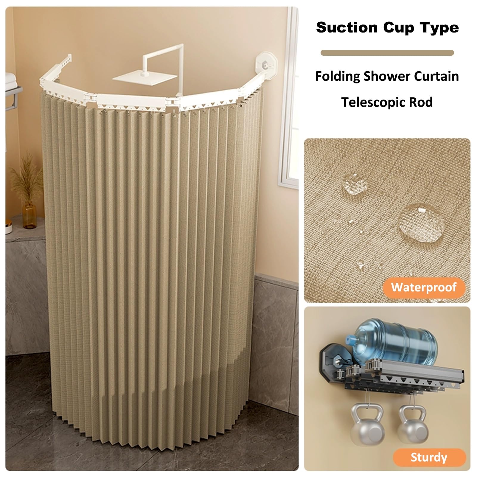 Pieghevole Tenda da Doccia in Lino Impermeabile - Tende da Doccia Antimuffa con Bastone Tenda Vasca da Bagno, Fissaggio a Ventosa Senza Perforazione per Bagno Spogliatoio(Cachi,138 cm+25 cm)