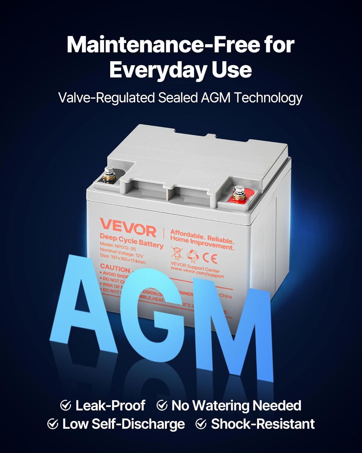 VEVOR 2 Pack 12V 35Ah Deep Cycle Battery, Sealed AGM Technology, Rechargeable Lead Acid AGM Battery, Backup Replacement for Scooters, Mobility Wheelchair, Solar System Off-Grid Home Energy Storage