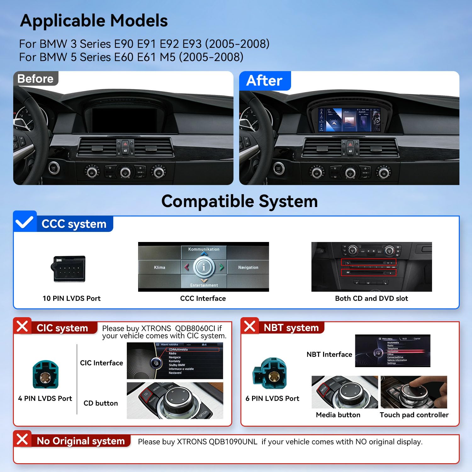 XTRONS 8.8 Inch Android 14 Car Stereo for BMW 3 Series E90-E93/5 Series E60 E61 M5 (2005-2008) CCC System, IPS Touch Screen 4+64GB Car Radio GPS Navigation Support Wireless CarPlay Android Auto 4G LTE
