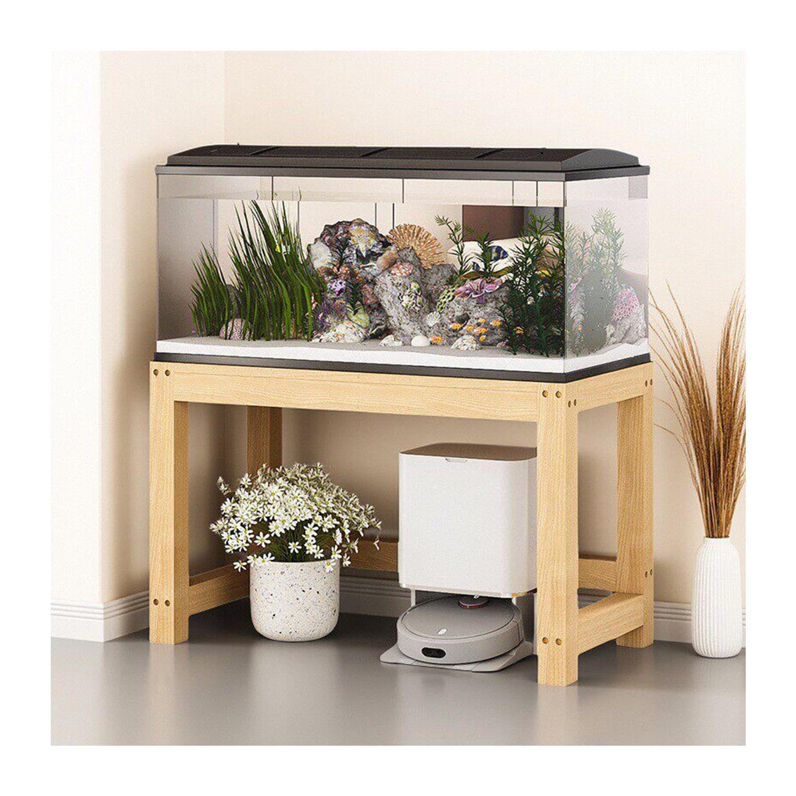 Mobile per Acquario, Supporto in Legno per Acquario | Struttura in Legno Massello, Design con Piano Rialzato e Vano Portaoggetti Inferiore(60x45x50cm/23.6x17.7x19.7in)