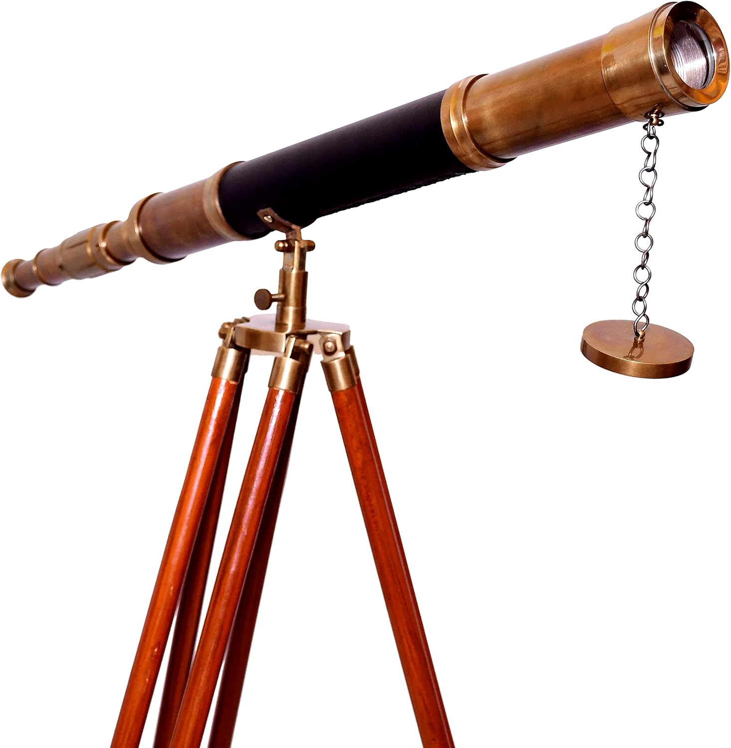 Antique Authentic Telescope Black Leather Wooden Stand Adjustable Wooden Tripod Floor Stand Antique Decor