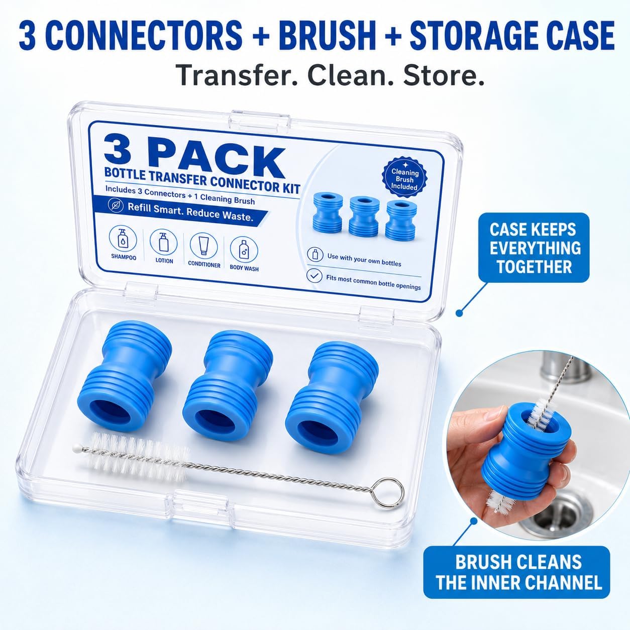 3 Pack Bottle to Bottle Transfer Connector Kit with Brush and Storage Case