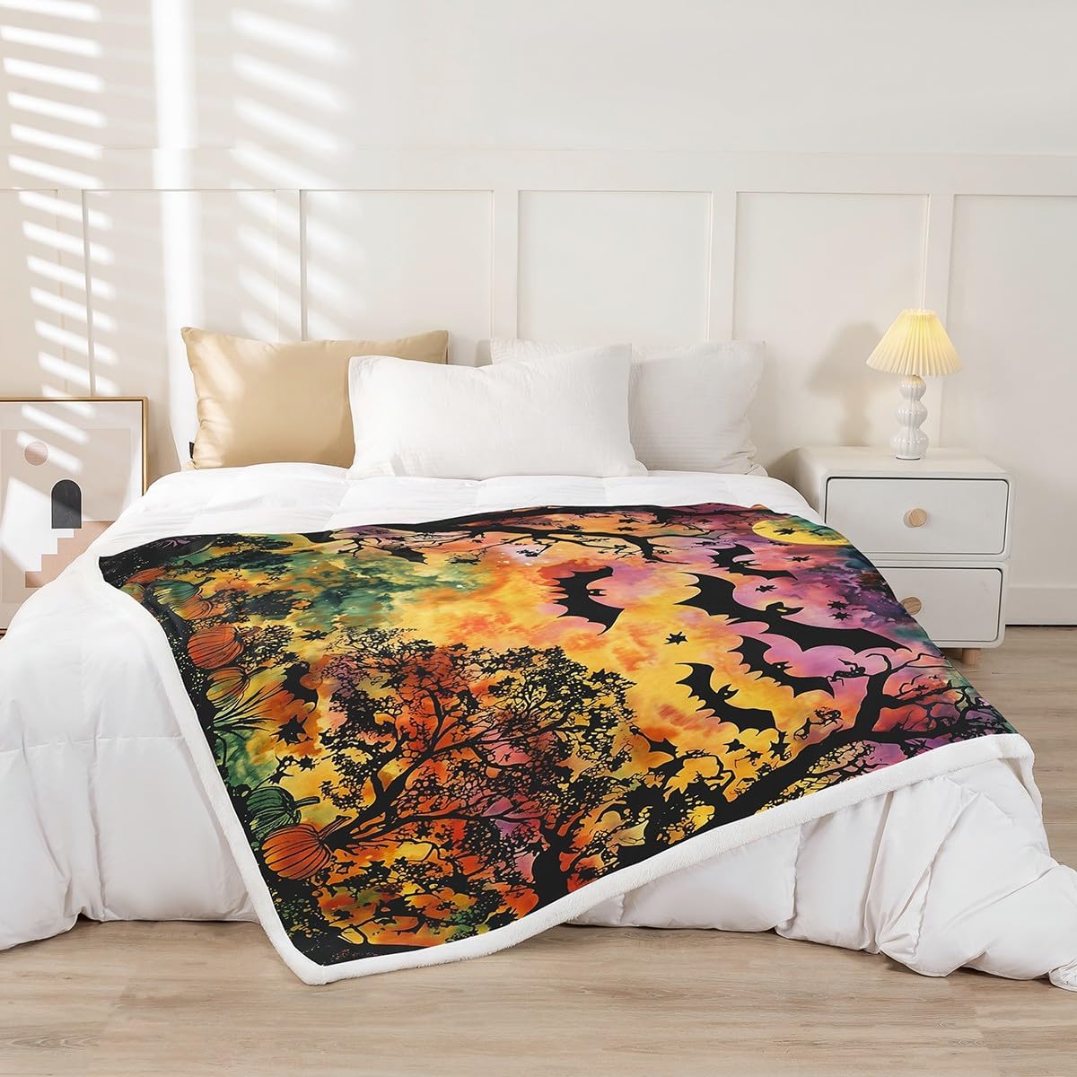 Watercolor Halloween Flannel Blanket,Cartoon Bat Animal Pumpkin Print Fuzzy Blanket for Children,Stars Moon Galaxy Trees Plant Tie Dye Polyester Throw Blanket for Couch, Twin Size (60 x 80 Inch)