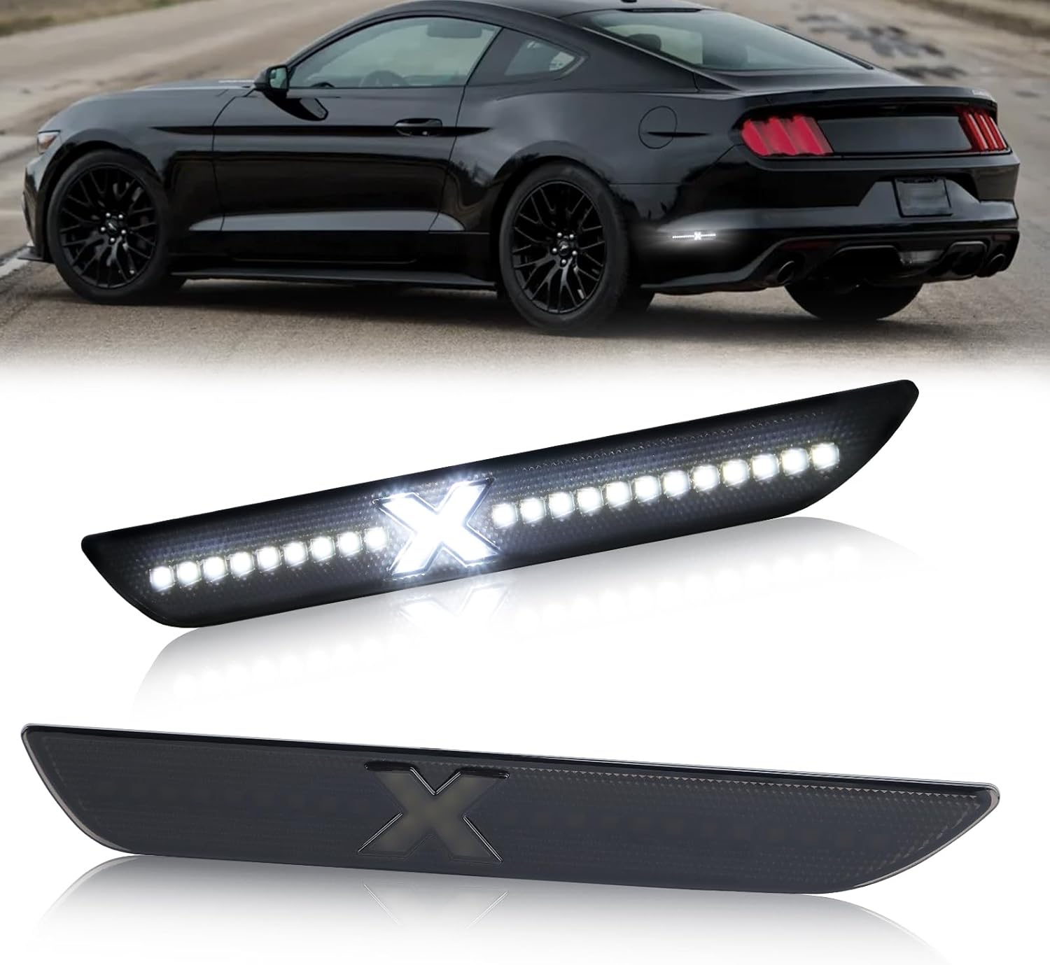 LED Side Marker Lights for Ford Mustang 2015~2023, Side Markers Light White Rear Bumper Fender Turn Signal Lamp Smoked Lens, 2PCS (Xstyle Spirit Snake Patent Pending)