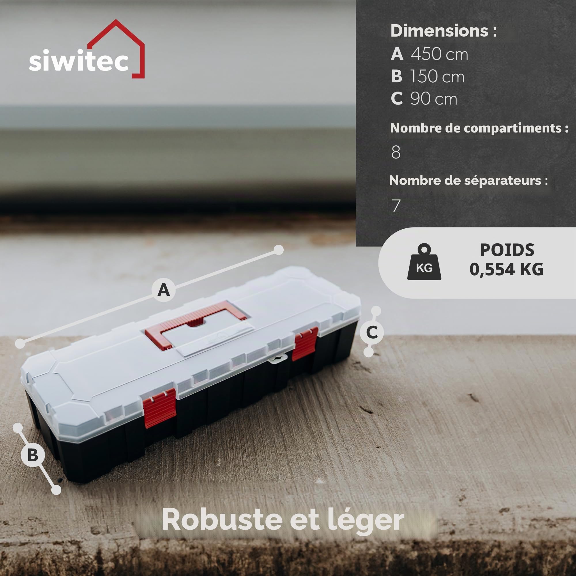 siwitec Lot de 6 boîtes de rangement avec 8 compartiments et 7 séparateurs réglables, boîte de rangement pour petites pièces, boîte de rangement pour petites pièces, en plastique, 450 x 150 x 90 mm