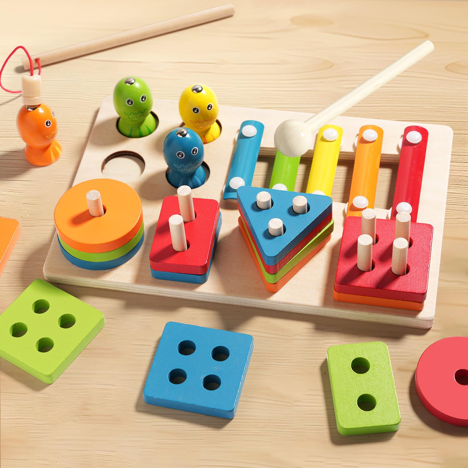 Montessori Zabawka, 3 W 1 Drewniane Kolor Kształtów Sortowanie Układanie Zabawek Magnetyczna Gra Wędkarska Ksylofon Zabawka Muzyczna Z Młotem, Edukacyjna Zabawka Zestaw Dla Dzieci Od 2 3 4 5 Lat