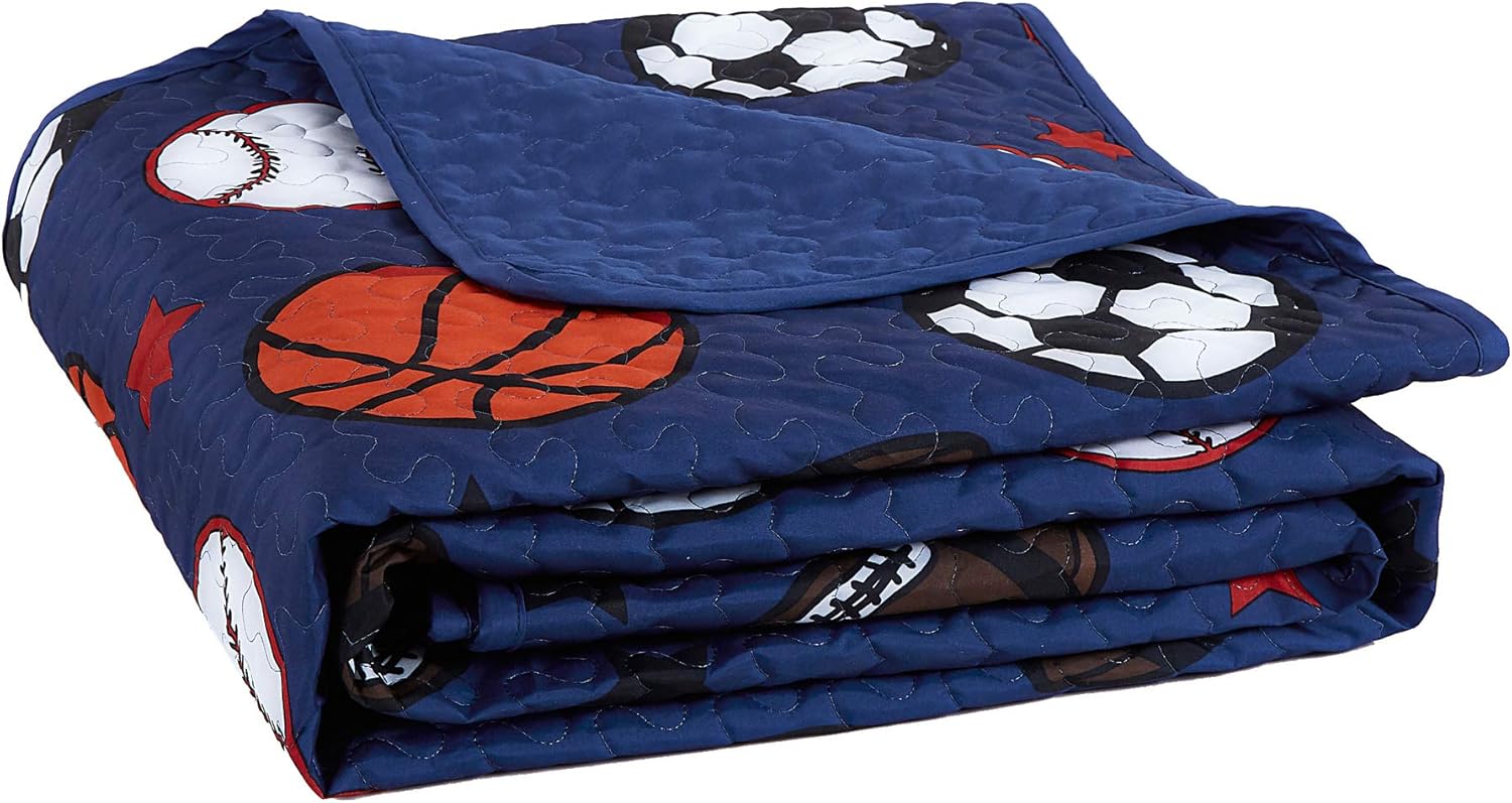 WPM WORLD PRODUCTS MART Blue Twin Quilt Set, Football Baseball Print Set Basketball Sports Soccer Fan Theme Bedspread for Bed Quilted with Pillow Sham
