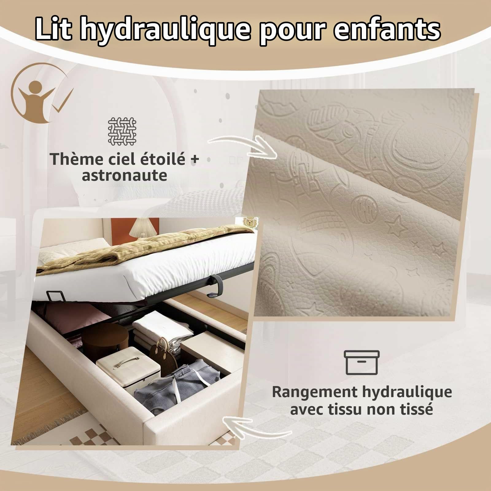 YEHTOKHOME Lit capitonné de Rangement hydraulique,Tête avec Arc en Demi-Cercle,PU rembourré Simple lit d'enfant avec sommier à Lattes(sans Matelas) (Beige, 90x190cm)