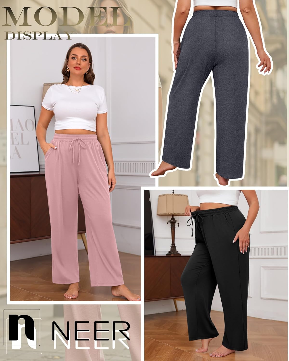 Neer 3 Pack Women's Plus Size Sweatpants Wide Leg High Waist Drawstring Yoga Lounge Joggers Open Bottom Pants with Pockets - Image 6