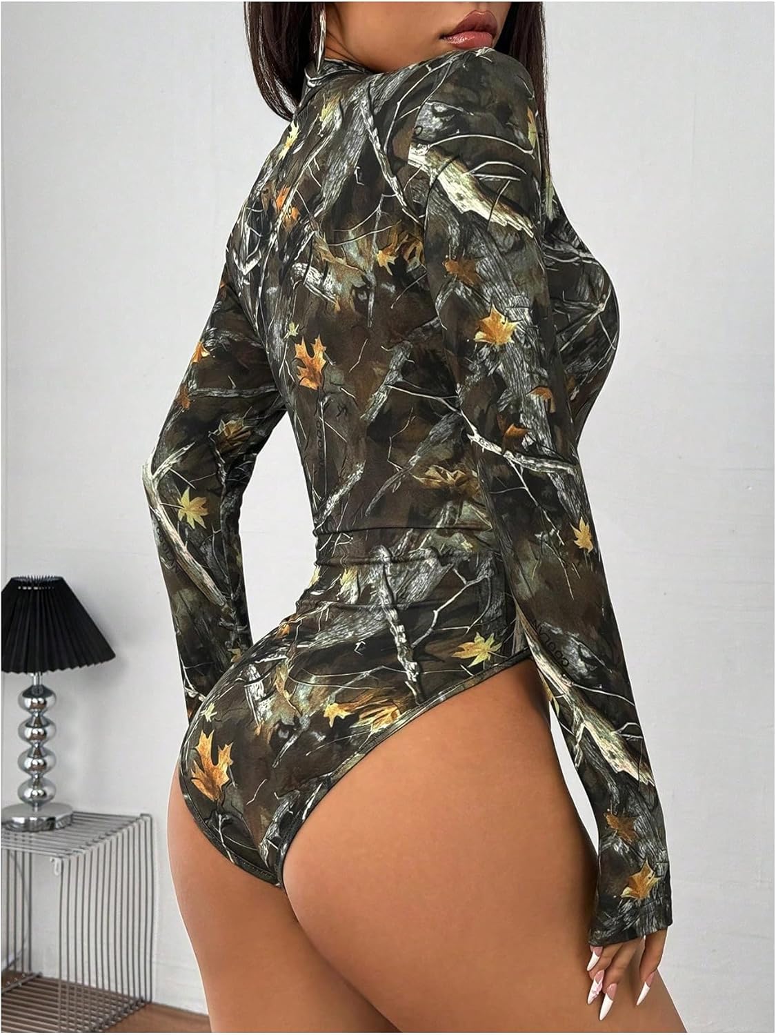 MakeMeChic Women's Camo Zip Front Bodysuit Mock Neck Long Sleeve Leotard Tops - Image 2