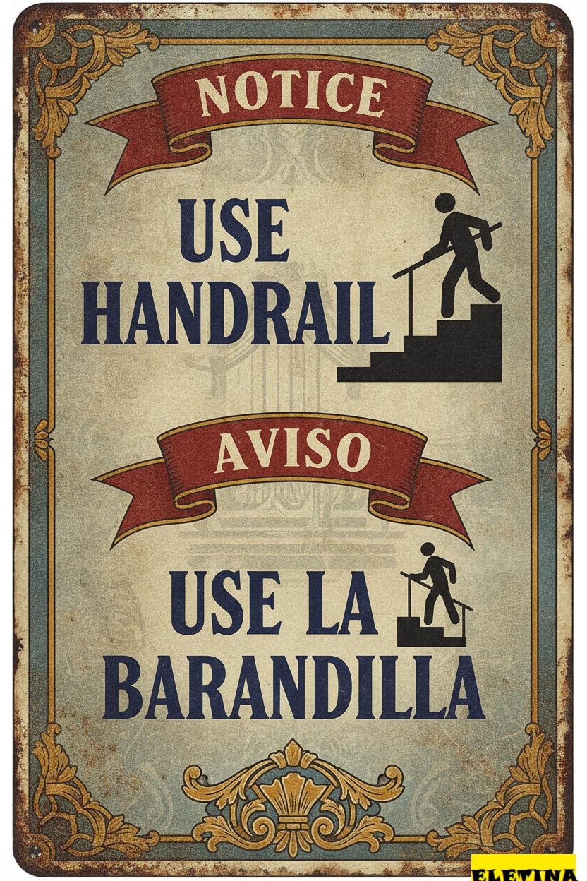 Notice Use Handrail Aviso Use La Barandilla Metal Vintage Street Safety Sign Floor Road Street High Way 8x12in