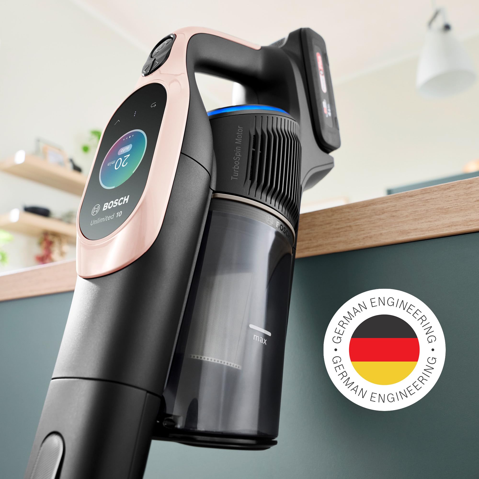 Bosch Unlimited 10, Odkurzacz Bezprzewodowy z Technologią MicroClean, łatwo opróżnianym pojemnikiem na kurz, zginaną rurą, podświetleniem LED i akumulatorem 4,0 Ah, kolor różowy, BKS1041RHF