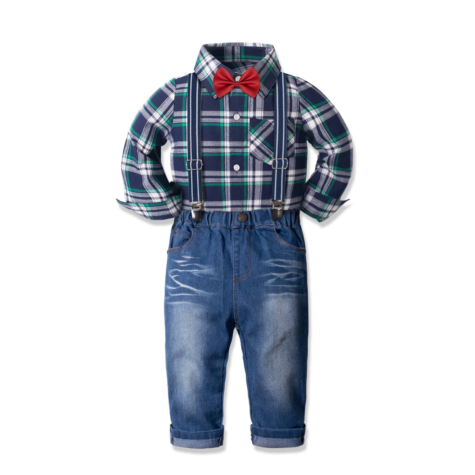 Nwada Toddler Boy Dress Clothes Kids Fall Outfit Suits Plaid Dress Shirt, Denim Jeans Pants Sets with Bow Tie, Suspenders