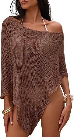 Herseas Women Crochet Knit Off The Shoulder Beach Cover Up Mesh Poncho Tops