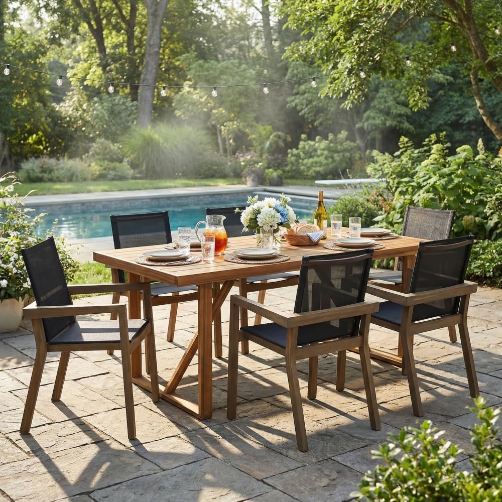 Acacia Wood Outdoor Dining Set with Modern Chairs and Large Table for Backyard, Patio, Deck, or Poolside
