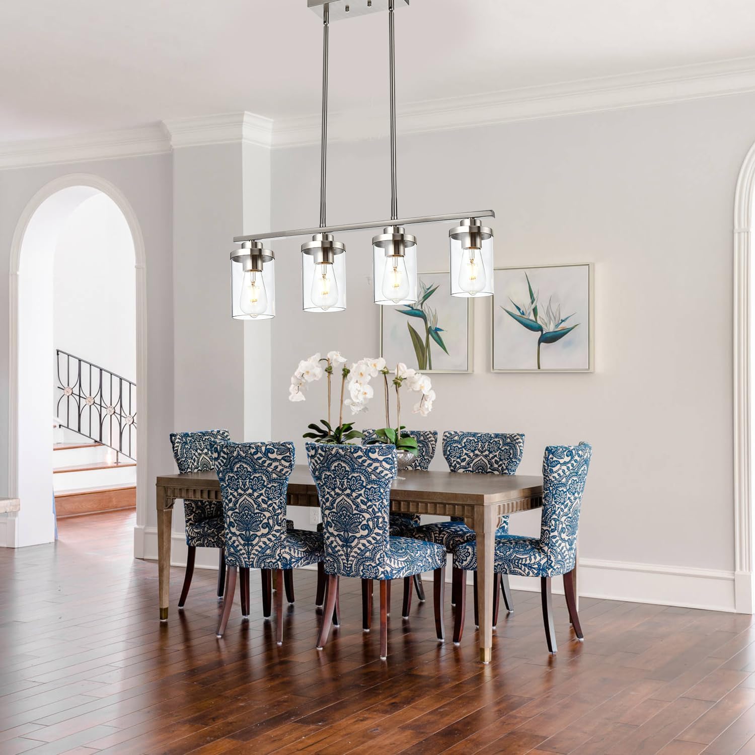 4-Light Dining Room Light Fixtures, Modern Kitchen Island Pendant Lighting Brushed Nickel Flush Mount Ceiling Hanging Lighting with Glass Shade Pendant Lights for Living Room Bedroom Hallway