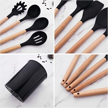 1pcs Silicone Flexible Spatula with Wooden Handle, Heat Resistant Kitchen Utensils Rubber Spatula Black Non-Stick Flexible Scrapers Baking Mixing Tool