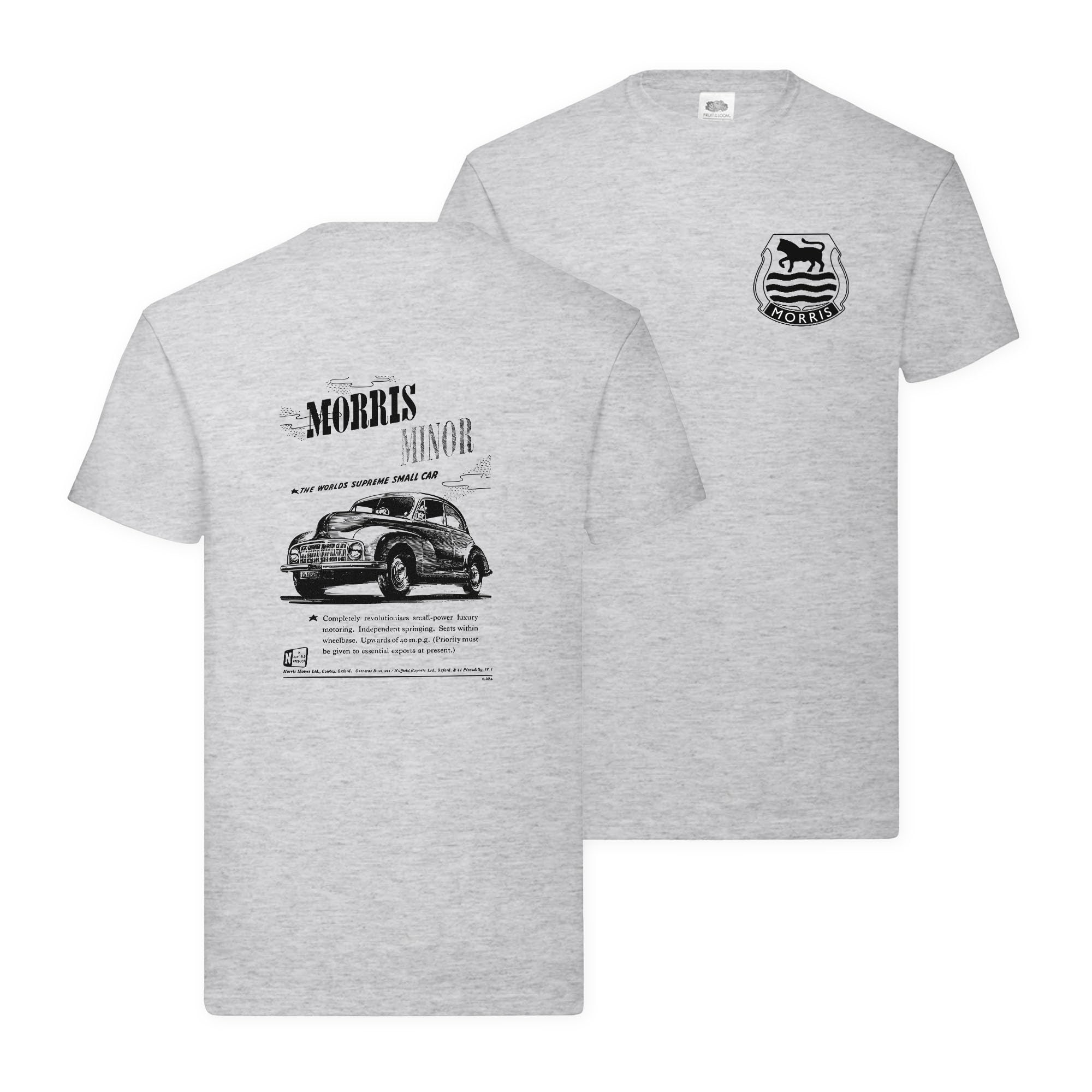 Morris Minor Vintage Advert T-Shirt British Sports Car Licenced Product (UK, Alpha, XL, Regular, Regular, Heather Grey)
