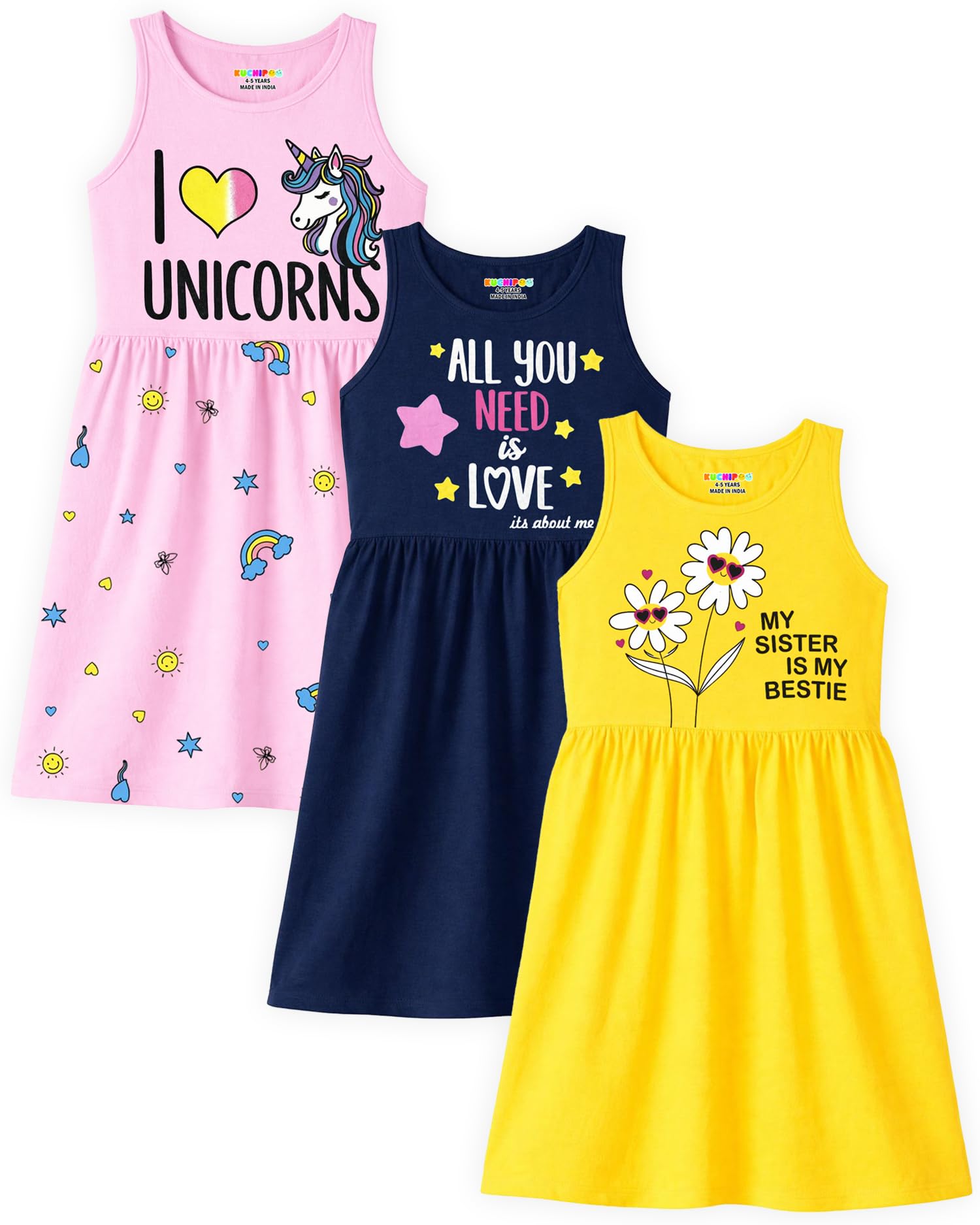 Kuchipoo Girls Sleeveless Cotton Frock Dress | Printed Summer Dresses for Girls | Unicorn, Love & Floral Designs - Pack of 3