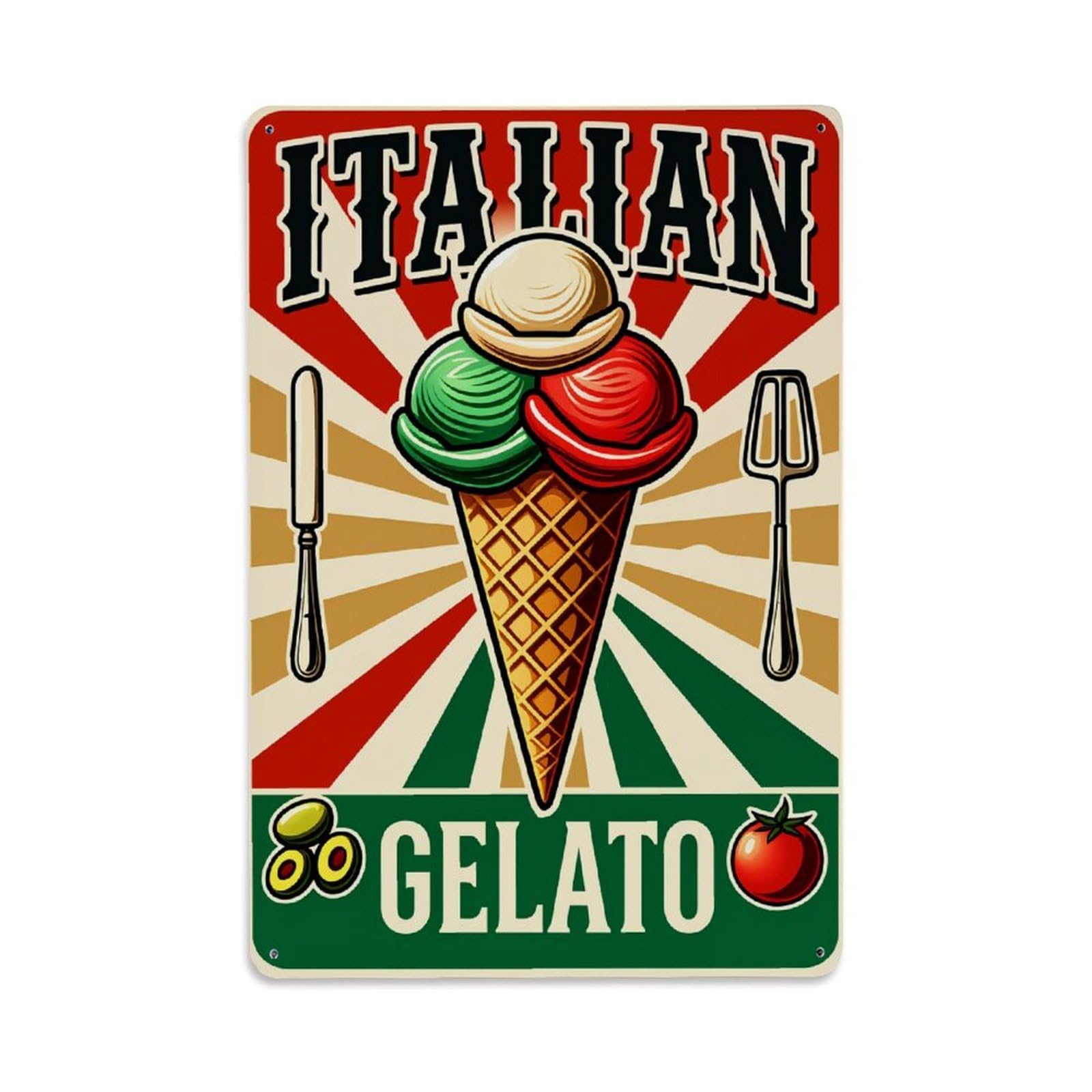 Enderetf Vintage Italian Gelato Cone Pattern Print Tin Sign Metal Poster, Home Bar Garage Man Cave Cafe Indoor & Outdoor Wall Decoration 8X12inches