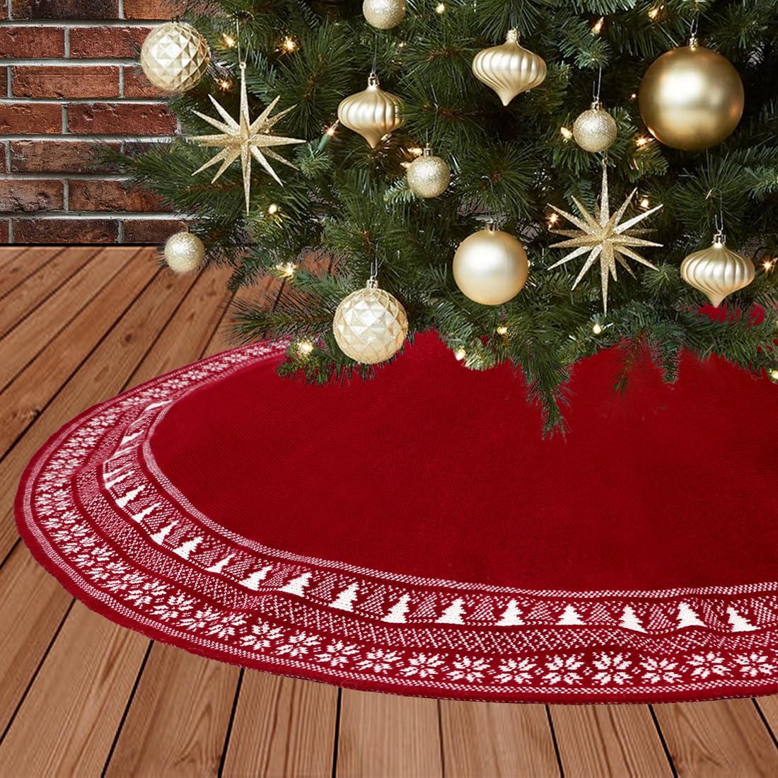KHOYIME Knitted Christmas Tree Skirt - 48 Inches Burgundy Xmas Tree Skirt Large Rustic Christmas Decorations Holiday Room Decor Party Ornaments