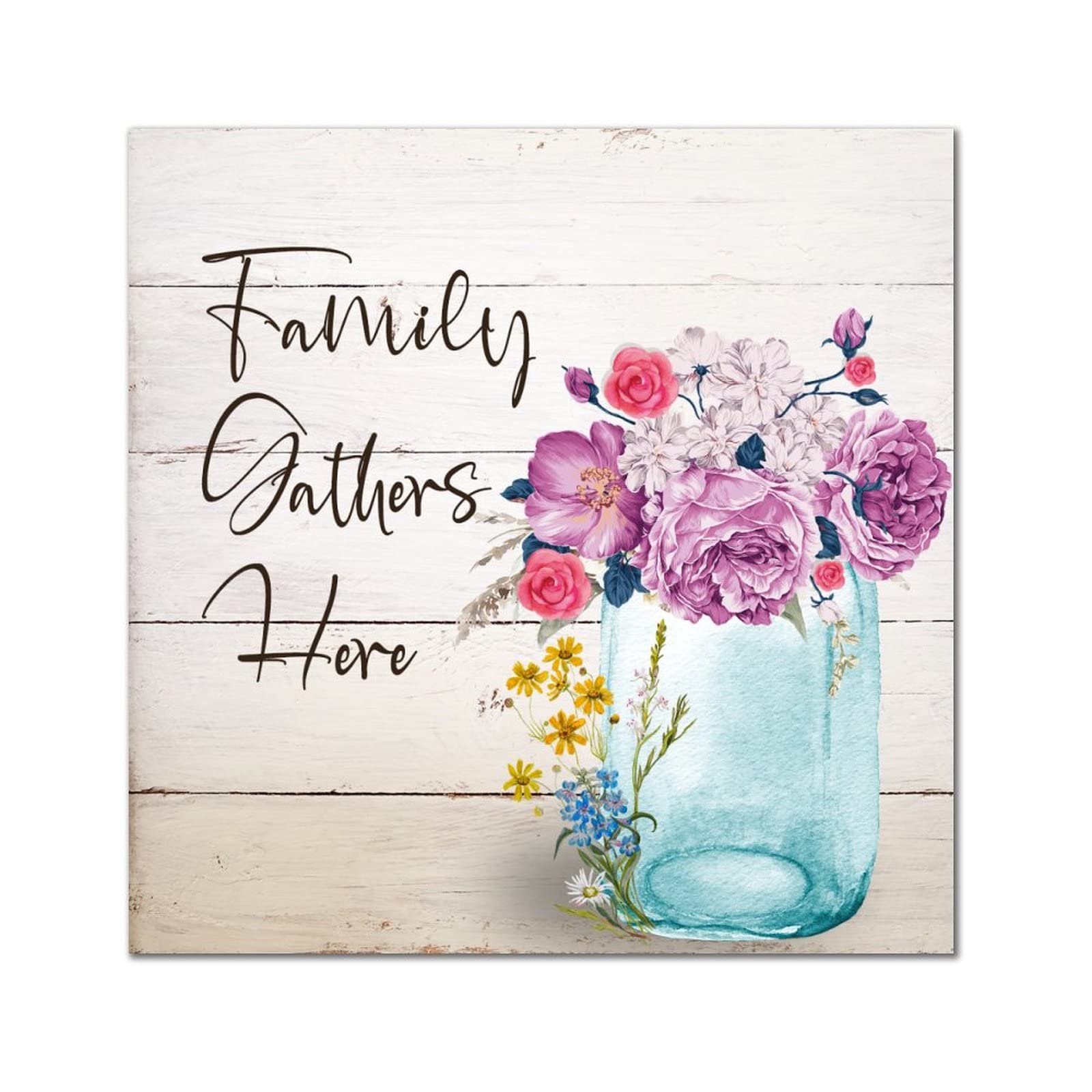 Plaque en bois Family Gathers Here pour habiller un mur vide avec une decoration fleur dahlia