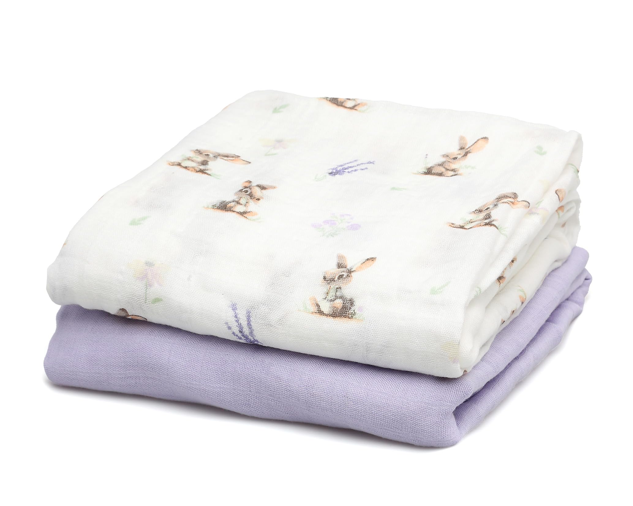 Kiokids | Set 2 Mussole, Coniglietti e Lavanda | Collezione Petit Moments | 70% bambù e 30% cotone | Ultra morbido | Antibatterico e termoclimatico | Protettore UV |+0 mesi | 120x120cm