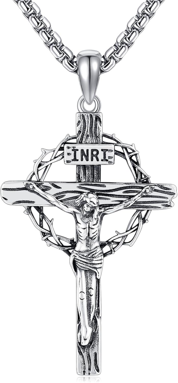 Jesus Crucifix Necklace 925 Sterling Silver Crucifix Cross Pendant Protection Jewelry Gift for Men Women
