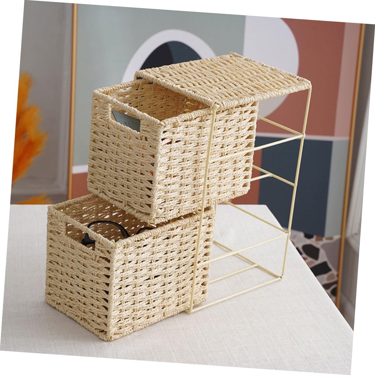 Dual-Layer Woven Storage Basket Drawers Imitation Rattan Organizer for Home Small Sundries Container for Clothes Toys and Accessories