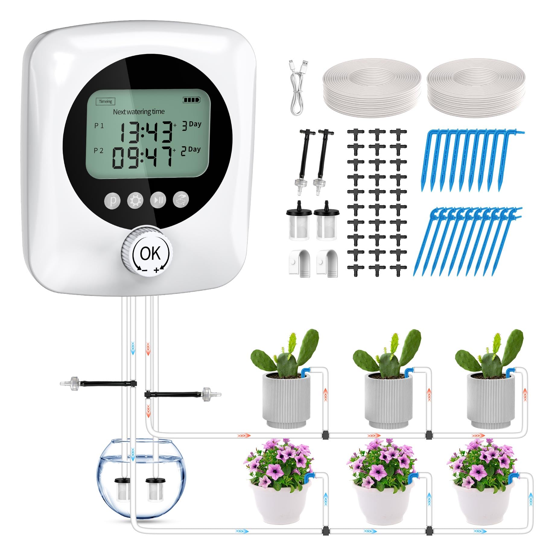 Forever Speed Sistema de Riego Automático con Doble Bomba para 30 plantas, 4400 mAh Recargable Riego Automático Sistema de Interior para Balcón, Invernadero