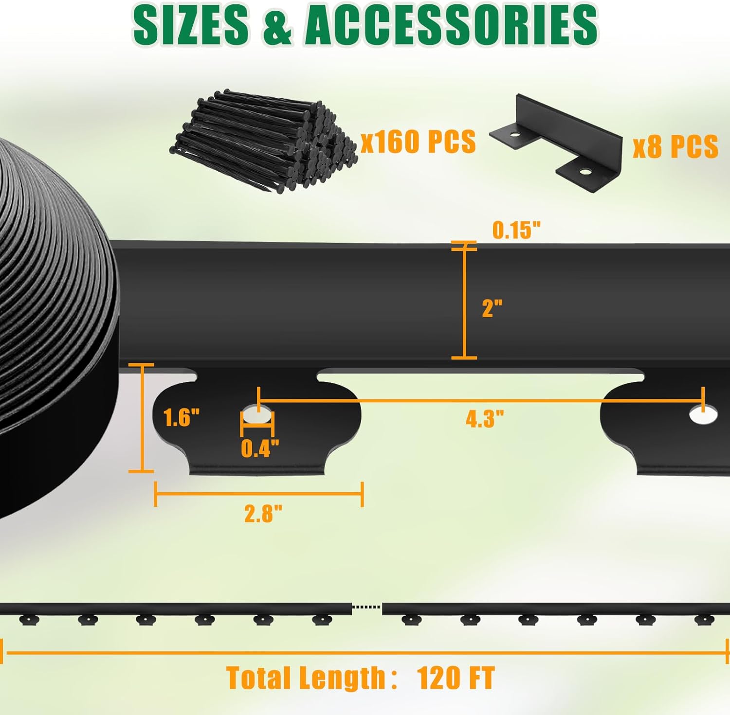 Landscape Edging - Garden Edging Border 120FT 2IN Tall with 160 Stakes, No Dig Lawn Edging for Landscaping for Garden Bed, Yard, Thickened Top Edge (0.15”) Flower Bed Border Edging for Outdoor