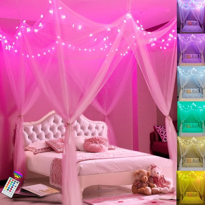Buy White Bed Canopy with Star Lights for Girls, 8 Corner Post Princess
