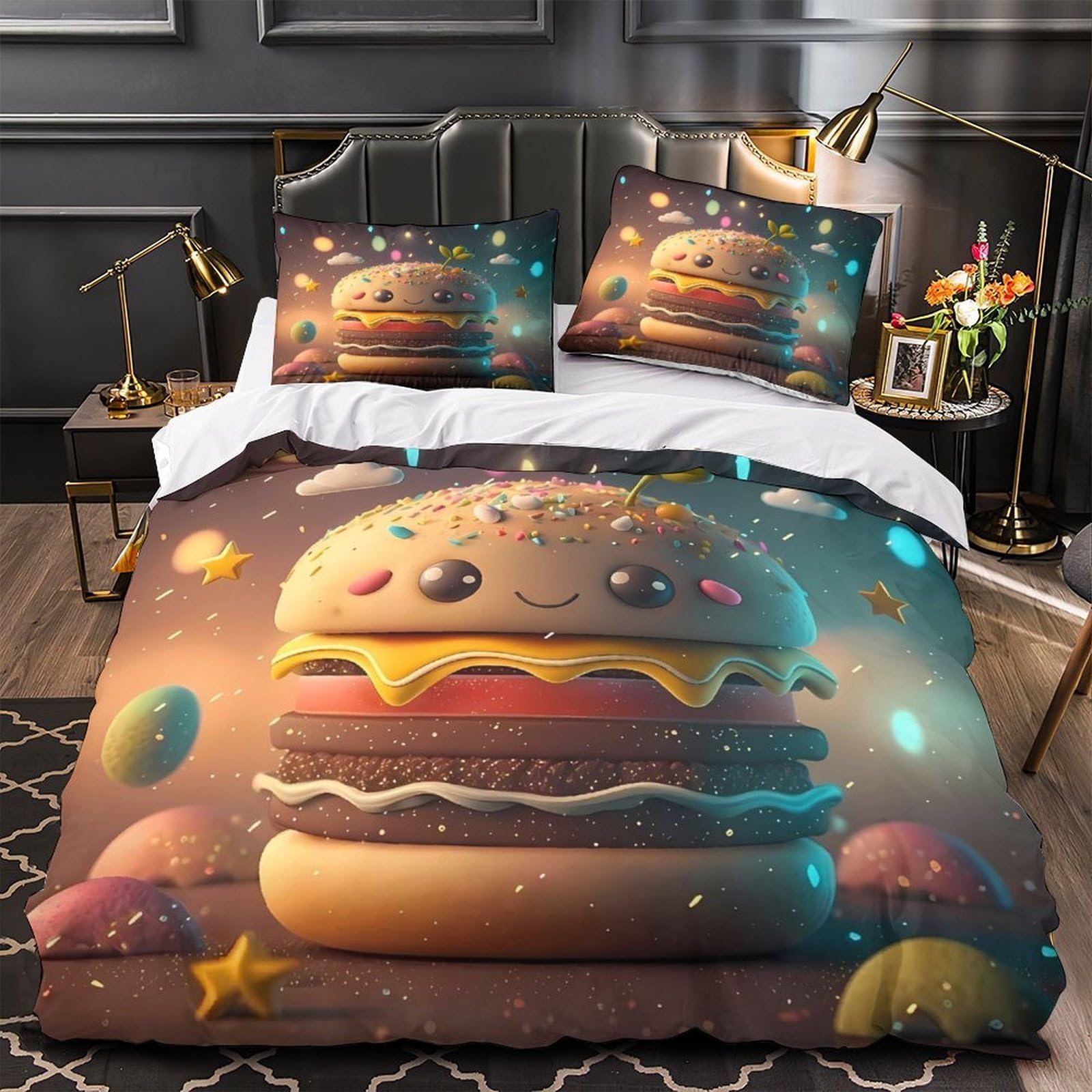 Housse de couette zippée burger mignon 140x200 anti-froissement ultra douce